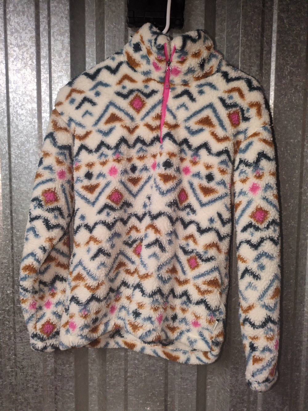Eddie Bauer Cream Fuzzy Aztec Half-Zip Pullover with Pink, Blue & Brown Accents